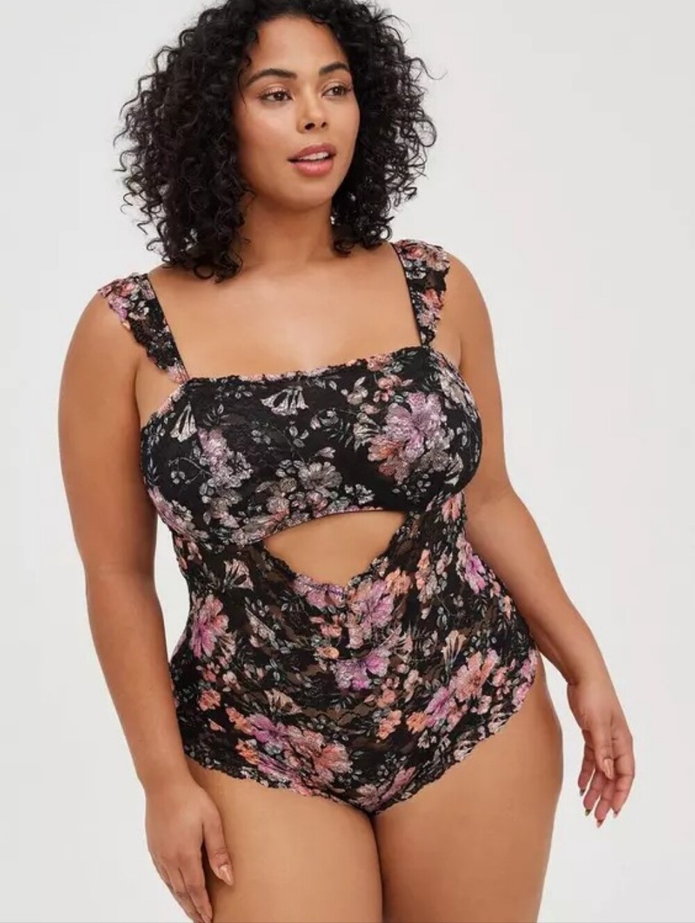 Torrid Curves 2X Floral Lace Front Cutout Bodysuit Lingerie Black Pink